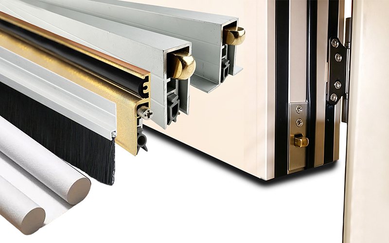 Zhouxin door bottom seal full series display, including self-adhesive, brush, rubber-type door bottom seal strips, installed at the bottom of wooden doors to block dust, insects and cold wind.